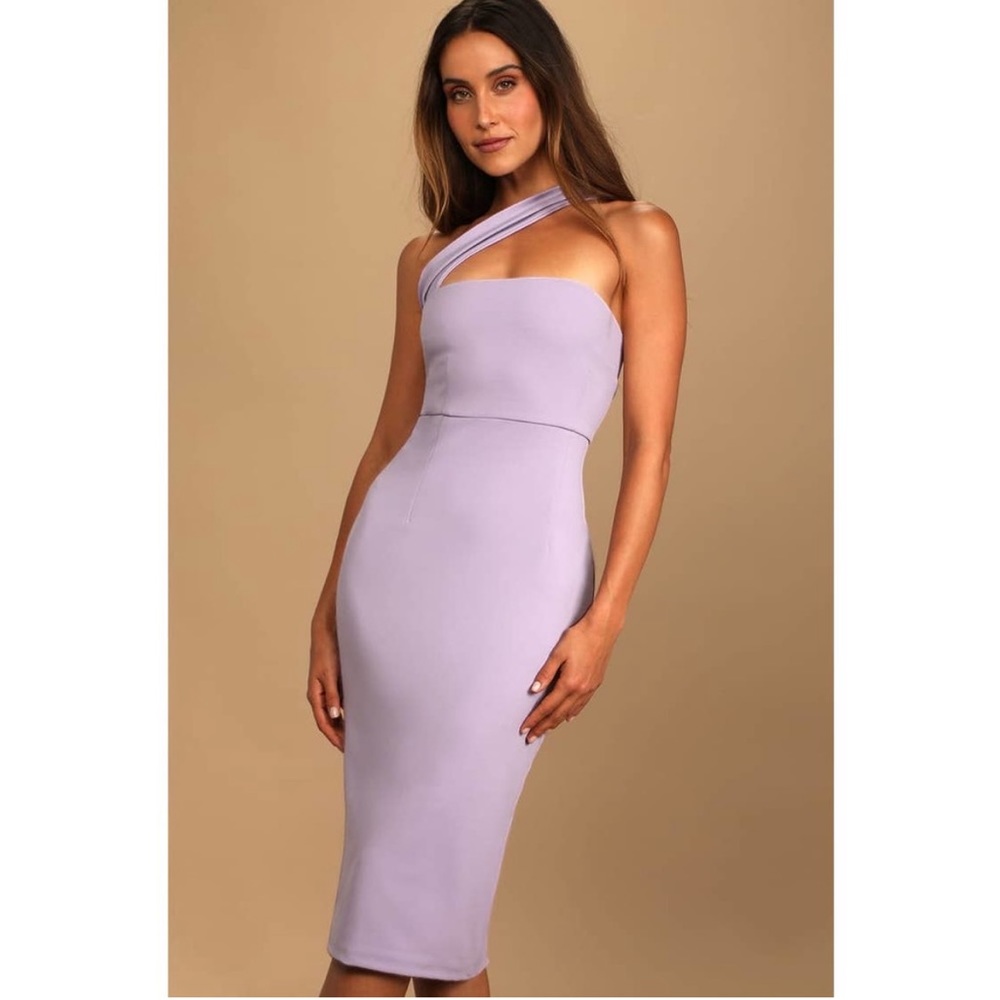 LULU’S “Hold Your Attention” Midi Cocktail Body Con One Shoulder Strapless Dress